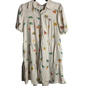 Jane and Delancey Size Xs Hotel Mini Tiered Dress Fish Boat Fruit Linen Tropical